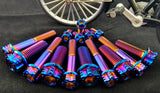 Rainbow-anodized titanium Torx stem bolts arranged in a fan layout with a motorcycle wheel in the background.