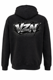 Black VZN hoodie with cracked graffiti-style logo and streetwear drip graphic on the back
